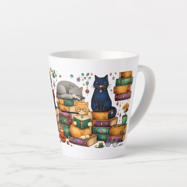 Tasse Latte Cats Reading Books Cozy Library Scene (Angle droit)
