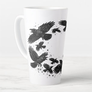 Tasse Latte Cercle de corbeaux – Illustration à l'encre hantée