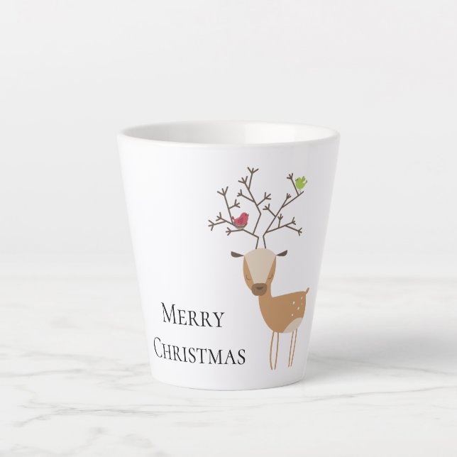 Tasse Latte Cerf de Noël avec oiseaux (Devant)