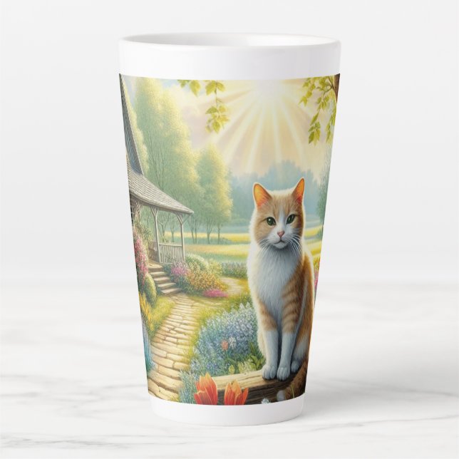 Tasse Latte Chalet de printemps/jardin & chat (Devant)
