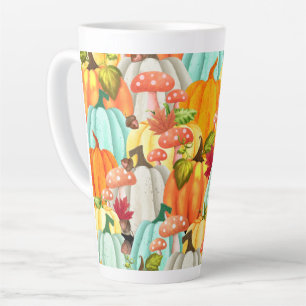 Tasse Latte Champignons Citrouille Et Feuilles D'Automne
