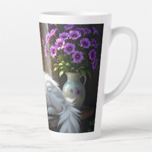 Tasse Latte Chat blanc dormant et fleurs violettes Personnalis