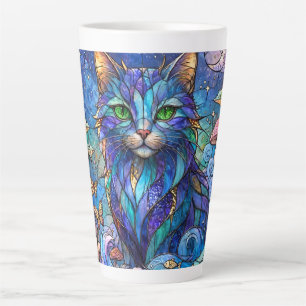 Tasse Latte Chat Cosmique Vitrail Surréaliste Yeux Bleus Verts