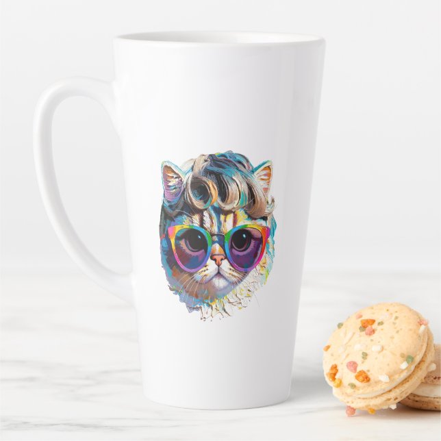 Tasse Latte Chat dans une perruque + Lunettes de soleil (Peint (En situation)
