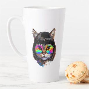 Tasse Latte Chat dans une perruque + Lunettes de soleil (Peint
