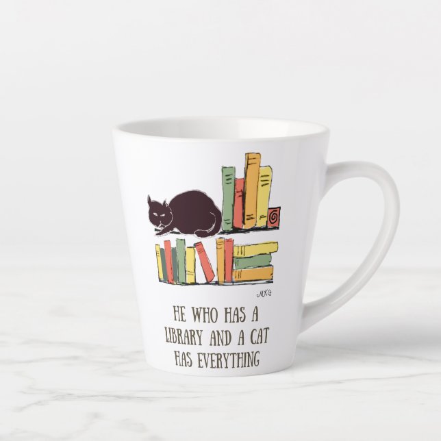 Tasse Latte Chat de bibliothèque - Chat noir tiré à la main av (Droite)