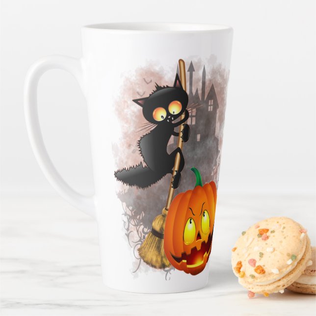 Tasse Latte Chat effrayé par Citrouille Fun Halloween caractèr (En situation)