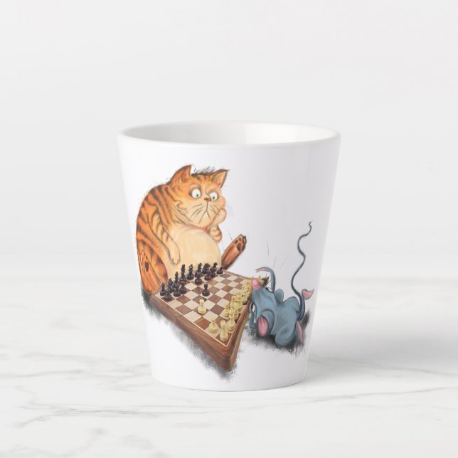 Tasse Latte Chat et souris Jouer aux échecs Dessin drôle (Devant)