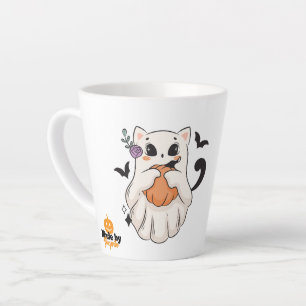 Tasse Latte Chat Fantôme mignon avec Citrouille   Éffrayant Ha