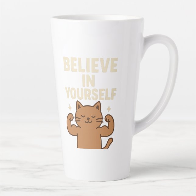 Tasse Latte Chat Flexing Motivationnel - "Croyez en vous-même" (Droite)