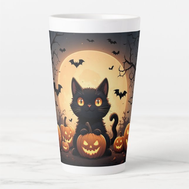 Tasse Latte Chat Noir Citrouille Halloween Lune Nuit 🐈‍⬛ (Devant)