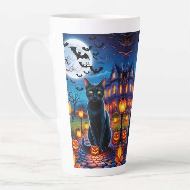 Tasse Latte Chat noir dans le paysage enchanté d'Halloween (Gauche)