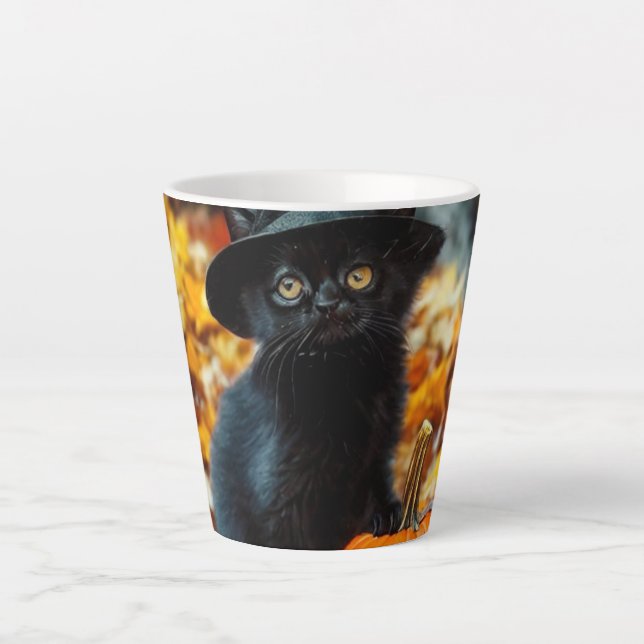 Tasse Latte Chat noir d'Halloween et Citrouille (Devant)