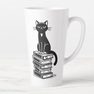 Tasse Latte Chat noir et livres - Conception minimaliste