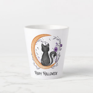 Tasse Latte Chat noir et lune de croissant pour Halloween heur