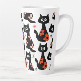 Tasse Latte Chat noir floral rétro (blanc)
