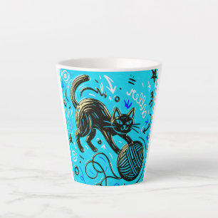 Tasse Latte Chat noir graphique turquoise
