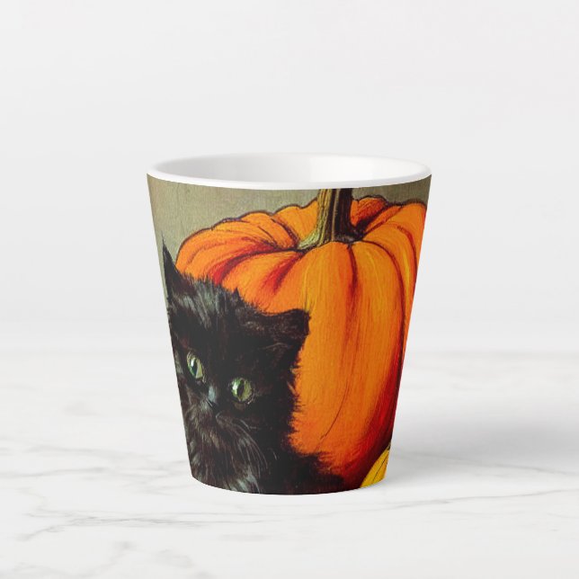 Tasse Latte Chat noir vintage d'Halloween et Citrouilles (Devant)