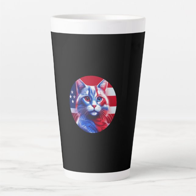 Tasse Latte Chat Rouge Blanc & Bleu avec fond de drapeau améri (Devant)