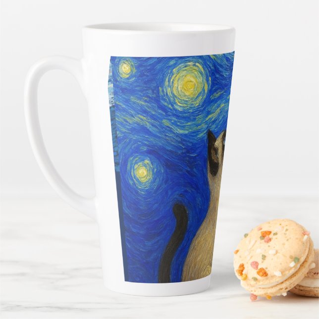 Tasse Latte Chat siamois nuit étoilée Lune  (En situation)