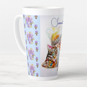 Tasse Latte Chat Tigre Chat Peinture à l'aquarelle Nom de Femm