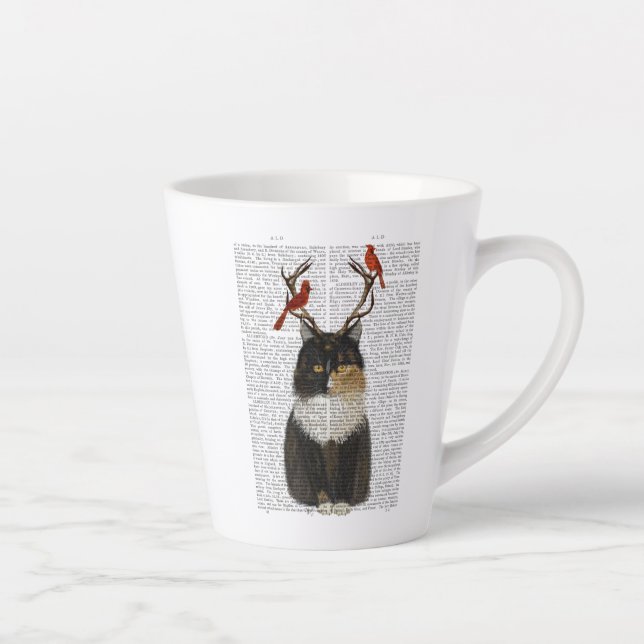 Tasse Latte Chat Tortoiseshell avec Antlers et Red Birds (Droite)