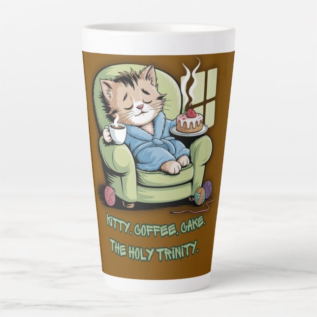 Tasse Latte Chaton Cosy avec Café et Gâteau – Chat Drôle (Devant)