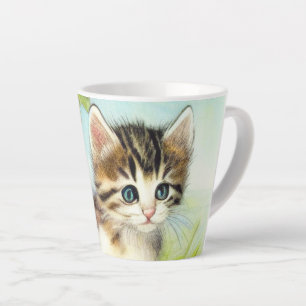 Tasse Latte Chaton vintage blanc et Brown avec fleurs