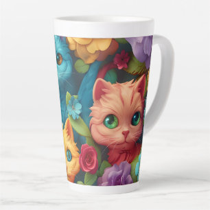 Tasse Latte Chats colorés et fleurs joli design