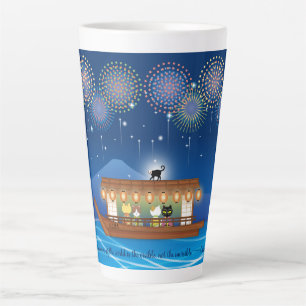 Tasse Latte Chats délicieux dans les feux d'artifice à bord d'
