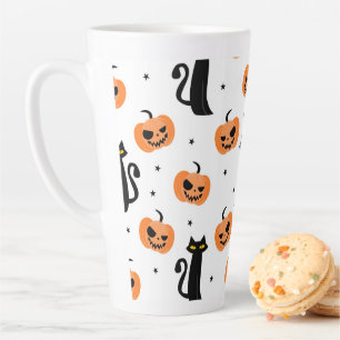 Tasse Latte Chats et Citrouilles noirs rétro