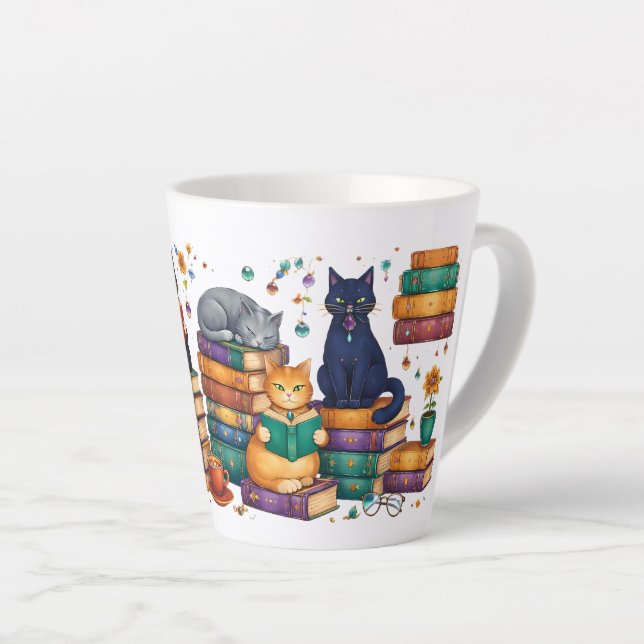 Tasse Latte Chats lisant des livres Scène de bibliothèque cosy (Angle droit)