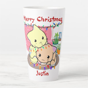 Tasse Latte Chats noël sur tapis, nom personnalisé