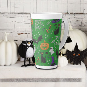 Tasse Latte Chats noirs Fantômes chauves-souris Motif vert Hal
