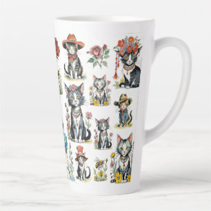 Tasse Latte Chats Whimsical avec Casquettes et Fleurs