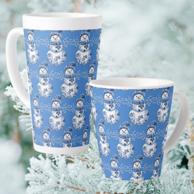 Tasse Latte Cheerful Blue White Happy Snowman  (Warm up with a gingerbread latte!)