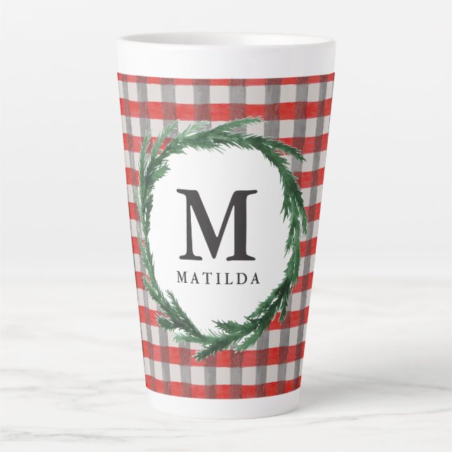 Tasse Latte Chèque rouge et aquarelle première couronne Noël (Devant)