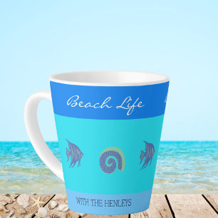Tasse Latte Chic Blue Stripes Poisson Nom de famille Maison de