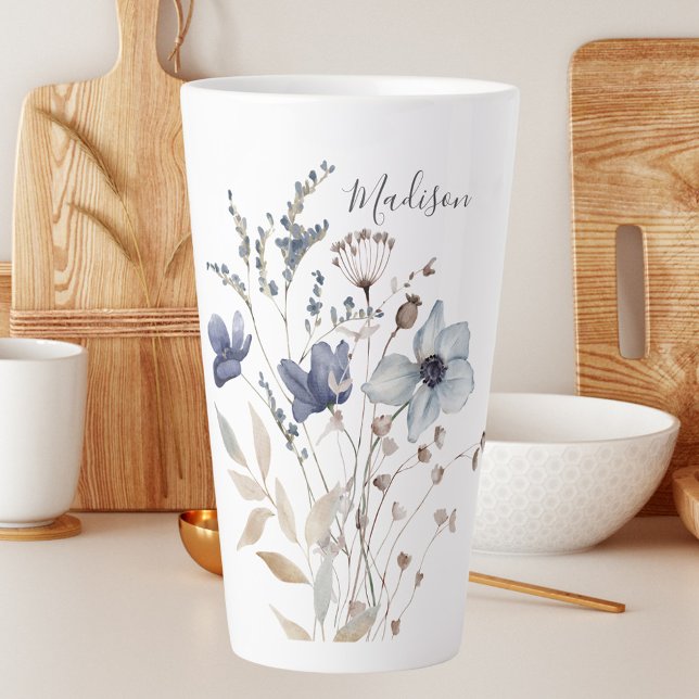 Tasse Latte Chic Floral Bleu Aquarelle Monogrammé (In situ)