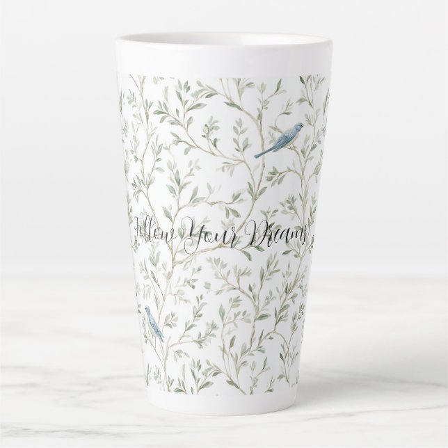 Tasse Latte Chic Romantique Jolies Fleurs Oiseaux Bleus (Devant)