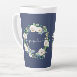 Tasse Latte Chic Wreath Aquarelle Marine Blanc Floral Papillon