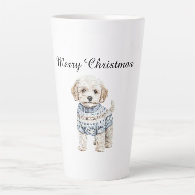 Tasse Latte Chien blanc en Sweat Bleu Noël (Devant)