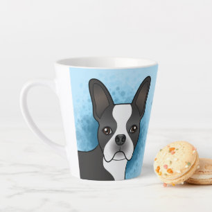 Tasse Latte Chien Caricature De Boston Noir Et Blanc Sur Bleu
