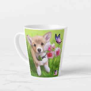 Tasse Latte Chien mignon avec fleurs roses