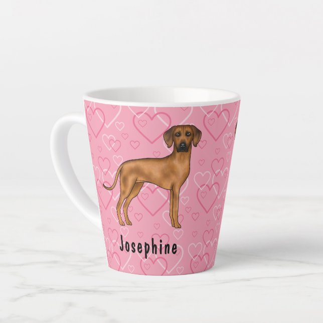 Tasse Latte Chien Rhodesian Ridgeback sur des cœurs roses avec (Angle gauche)
