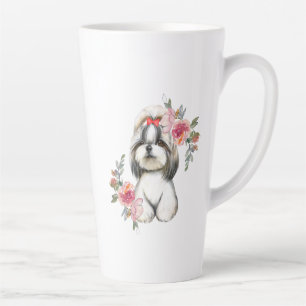 Tasse Latte Chien Tzu mignon avec Fleurs Aquarelle Art