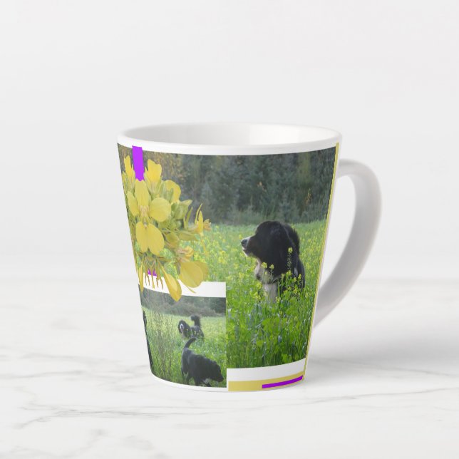Tasse Latte Chiens mignons dans le champ de colza Collage Latt (Angle droit)