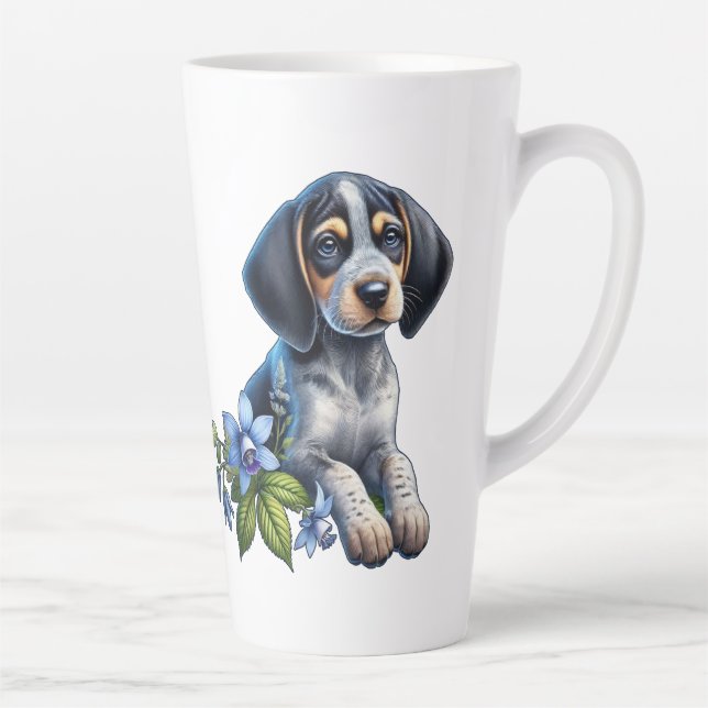 Tasse Latte Chiot bleu Tick Hound avec Fleurs Bleues Delicate (Droite)