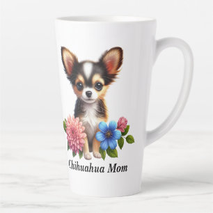 Tasse Latte Chiot Chihuahua avec Fleurs Décoratives
