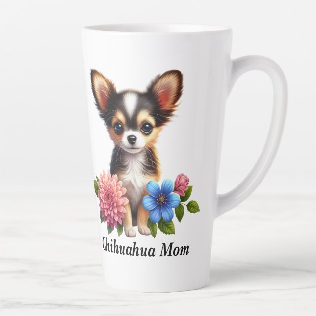 Tasse Latte Chiot Chihuahua avec Fleurs Décoratives (Droite)